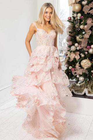 A-Linie, gestuftes, atemberaubendes Ballkleid mit Spitze und Schlitz, PSK456