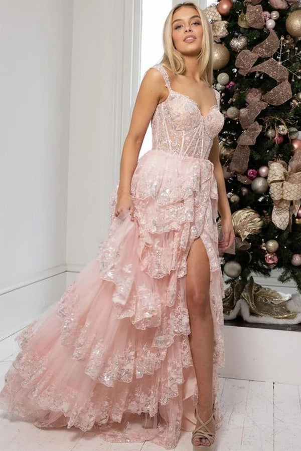 Vestido de festa deslumbrante com renda e racha PSK456