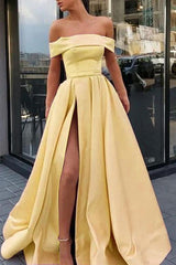 A Line Off the Shoulder High Split Pink Prom Dress Formal Dress PSK057
