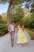 Une robe de bal longue jaune en tulle superposé princesse ligne A PSK599