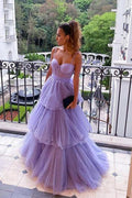 Une robe de bal longue en tulle violet à ligne A, robe de soirée formelle à plusieurs couches PSK361