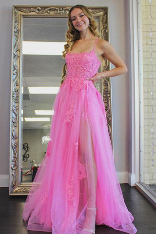 A-Linie, U-Ausschnitt, Pink, Tüll, Ball- und Abendkleid mit Schlitz, PSK273