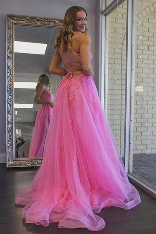 A-Linie, U-Ausschnitt, Pink, Tüll, Ball- und Abendkleid mit Schlitz, PSK273