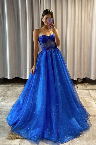 A-Linie, glänzendes, königsblaues Tüllkleid mit Herzausschnitt, formelles Ballkleid PSK404