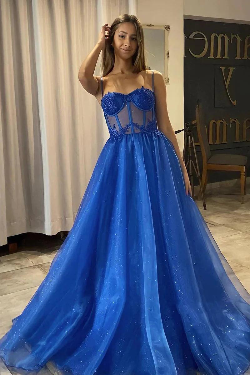 Vestido de festa formal em tule azul royal brilhante, corte A, em forma de coração, PSK404