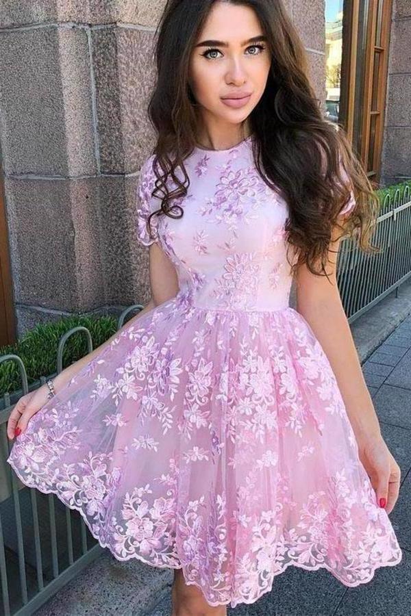 A Line Short Sleeve Lace Short Prom Dress Short Homecoming Dress PD451