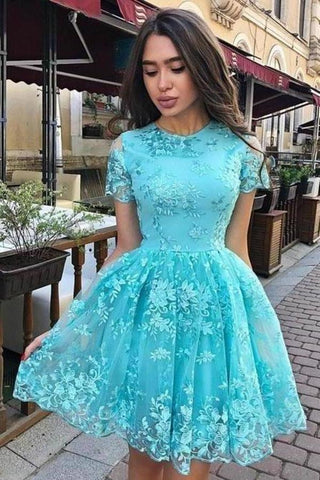 A-Linie Kurzarm Spitze Kurzes Ballkleid Kurzes Homecoming-Kleid PD451