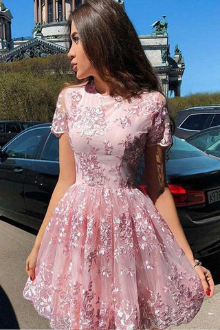 A-Linie Kurzarm Spitze Kurzes Ballkleid Kurzes Homecoming-Kleid PD451