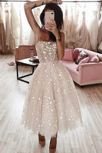 Abito da Homecoming a Lunghezza Tè Rosa Perla con Spaghetti Strap a Linea A e Perline PD349