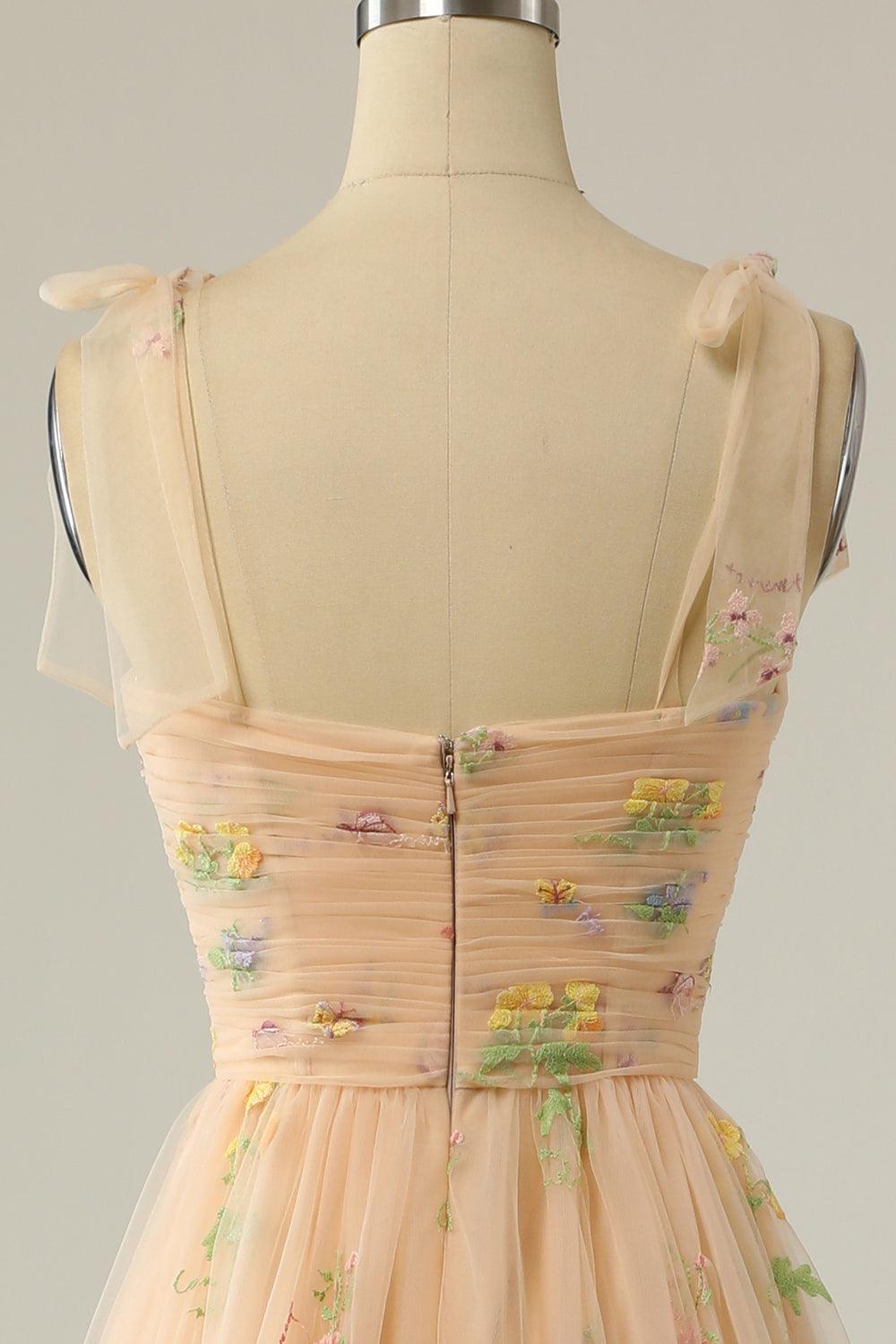 Vestido de festa champanhe com alças finas e aplicações PSK331