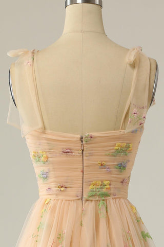 Champagnerfarbenes Ballkleid in A-Linie mit Spaghettiträgern und Applikationen PSK331