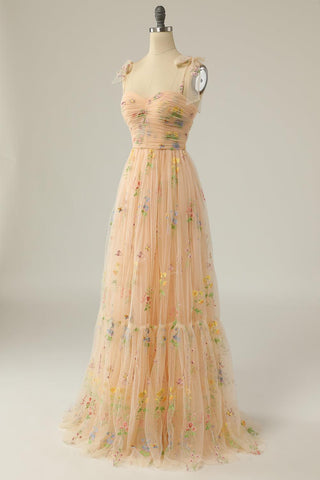 Champagnerfarbenes Ballkleid in A-Linie mit Spaghettiträgern und Applikationen PSK331