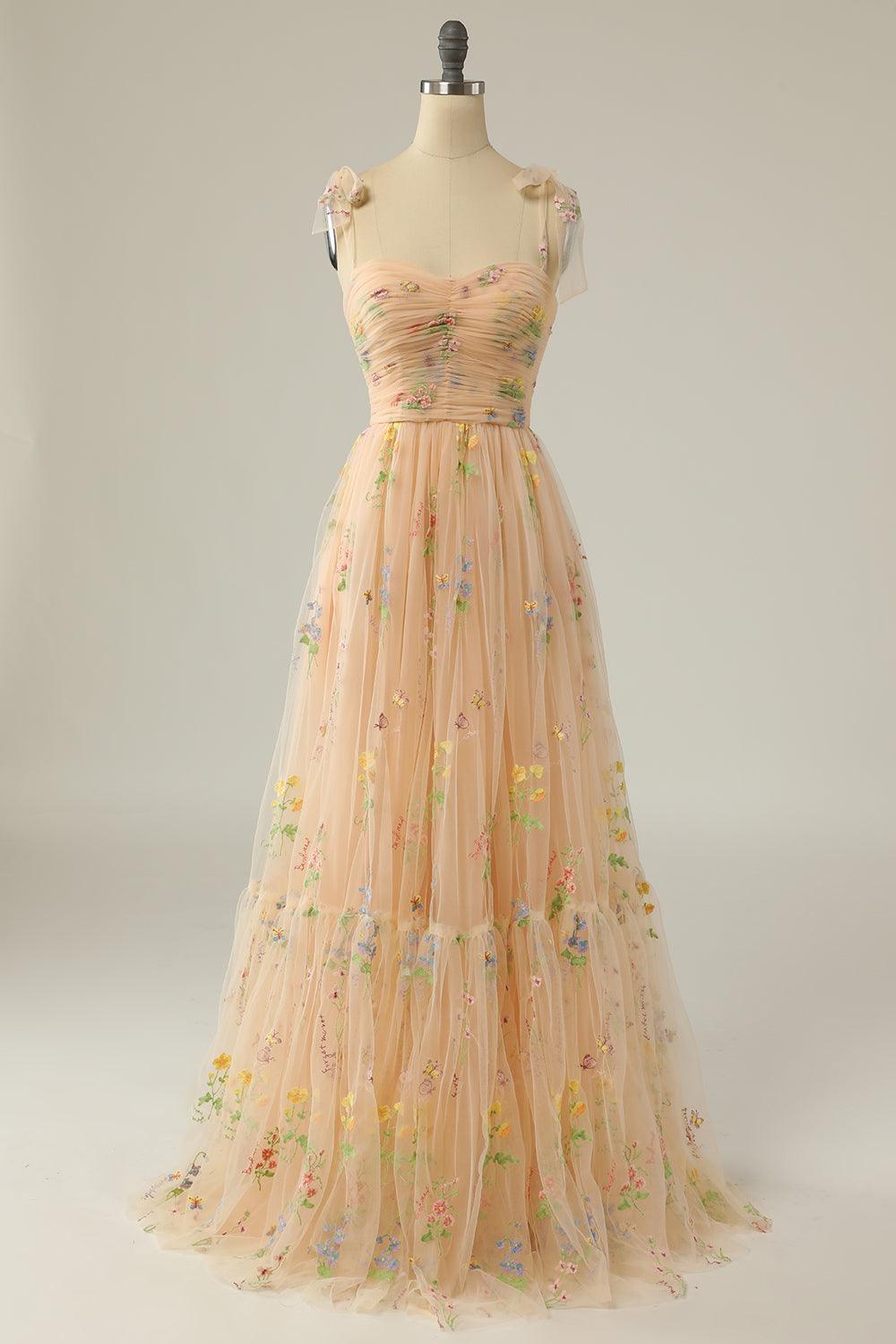 A Line Spaghetti Straps Champagne Prom Dress with Appliques PSK331