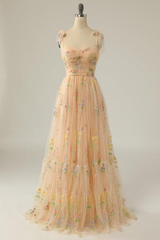 Champagnerfarbenes Ballkleid in A-Linie mit Spaghettiträgern und Applikationen PSK331