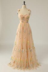 A Line Spaghetti Straps Champagne Prom Dress with Appliques PSK331