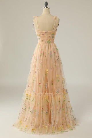Champagnerfarbenes Ballkleid in A-Linie mit Spaghettiträgern und Applikationen PSK331