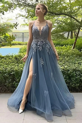 A-Linie Spaghettiträger Korsett Rücken Schlitz Langes Ballkleid PSK515