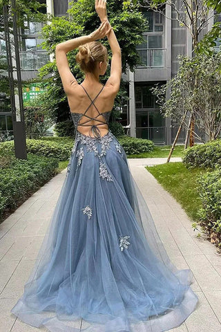 A-Linie Spaghettiträger Korsett Rücken Schlitz Langes Ballkleid PSK515