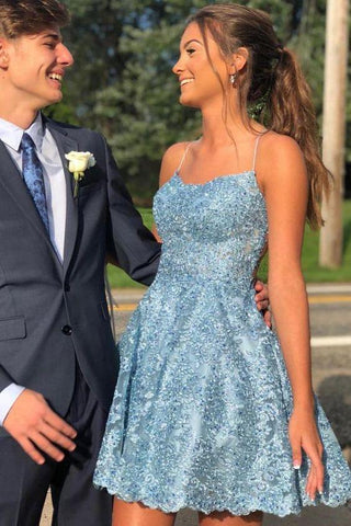 A-Linie Spaghettiträger mit gekreuztem Rücken, blaue Spitze, kurzes Ballkleid, PD259
