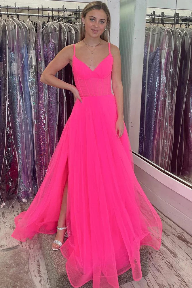 Vestido de festa comprido em tule com alças finas e corte A rosa choque PSK458