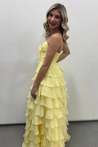 A-Linie Spaghettiträger Rüschen Gelbes Ballkleid mit Blume PSK706