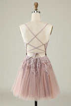 A Line Spaghetti Straps Tulle Short Grey Blue Homecoming Dress PD527