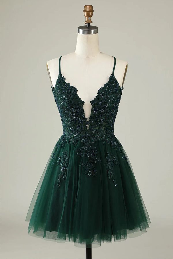 A Line Spaghetti Straps Tulle Short Grey Blue Homecoming Dress PD527