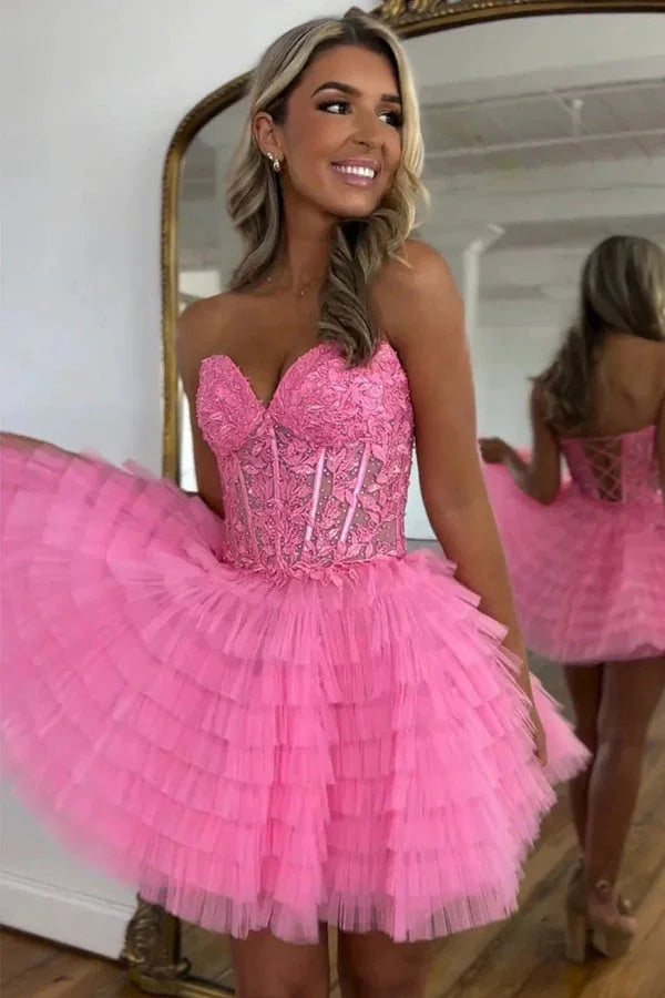 Vestido de Tule Rosa Sin Tirantes Línea A para Baile de Bienvenida con Abalorios PD572