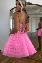 Vestido de Tule Rosa Sin Tirantes Línea A para Baile de Bienvenida con Abalorios PD572