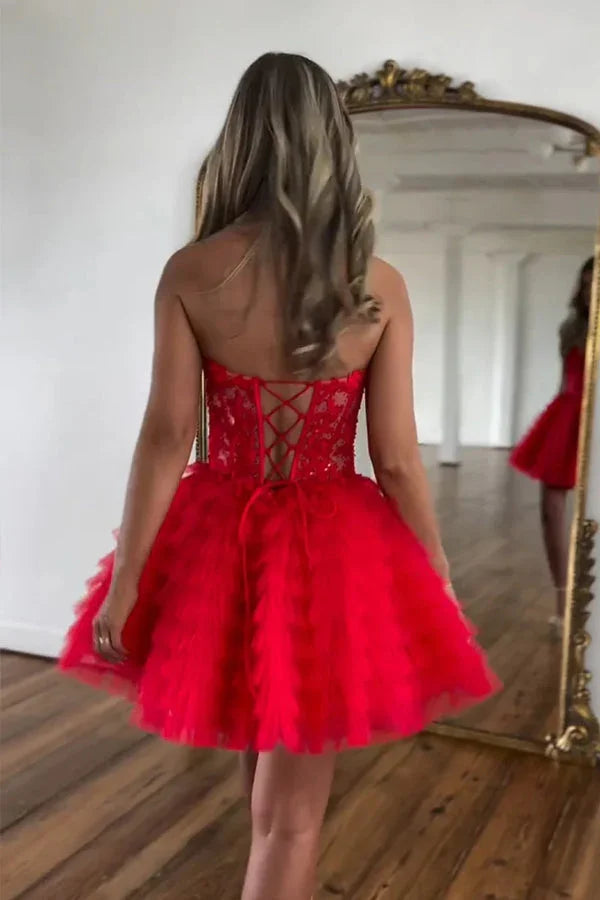 Vestido de Tule Rosa Sin Tirantes Línea A para Baile de Bienvenida con Abalorios PD572