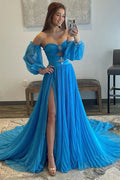 Un Abito da Ballo in Chiffon Blu Scollato a Cuore Lungo con Spacco PSK524