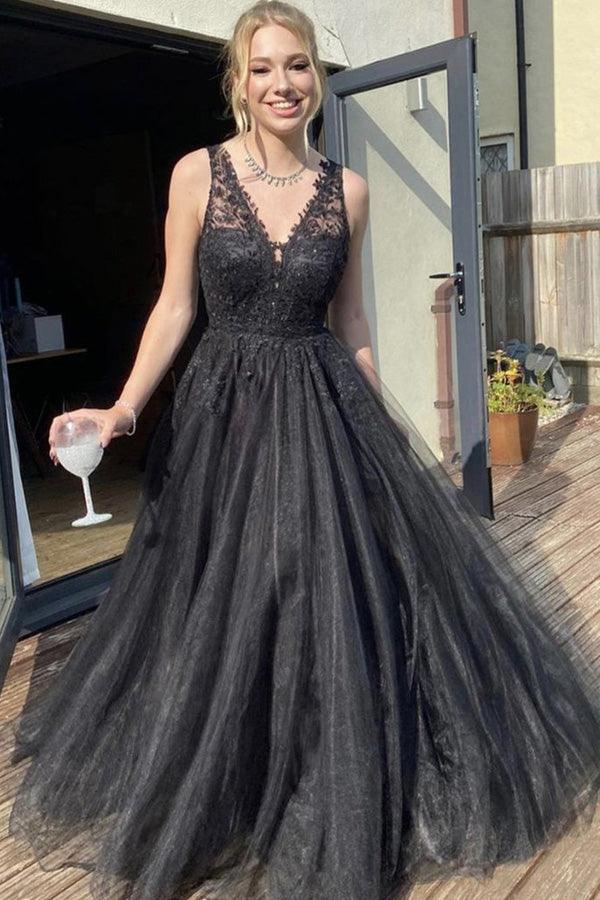 A-Linie V-Ausschnitt Schwarzes Tüll-Ballkleid Schwarzes Abendkleid PSK370