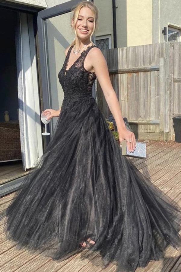 Vestido de festa em tule preto com decote em V e corte A PSK370