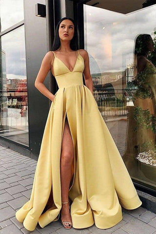 Simple A Line V Neck Satin Split Hot Pink Prom Dress  PSK045
