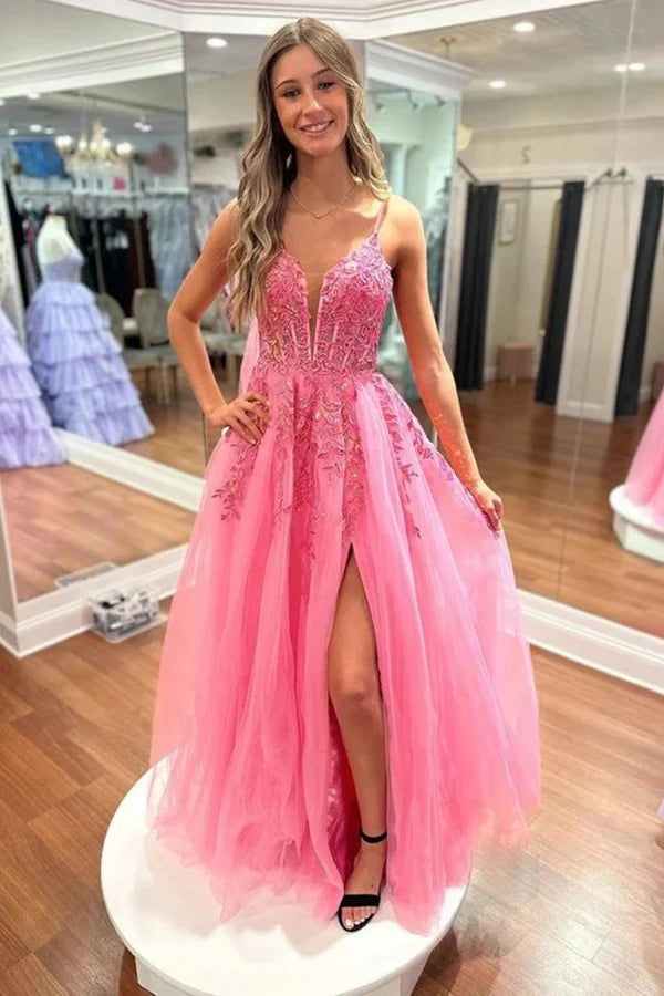 Vestidos de festa compridos com decote em V e renda rosa choque com racha PSK551