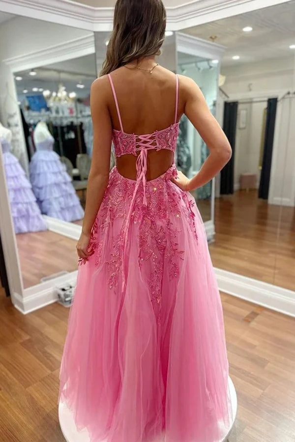 Vestidos de festa compridos com decote em V e renda rosa choque com racha PSK551