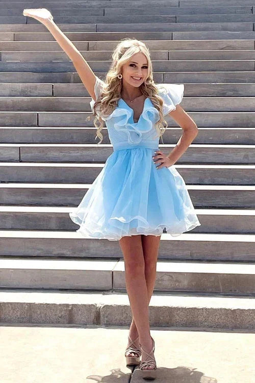 Vestido de Fiesta con Cuello en V, Línea A, Volantes de Organza SYH105
