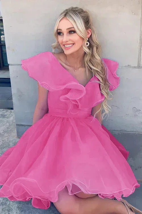 Vestido de Fiesta con Cuello en V, Línea A, Volantes de Organza SYH105