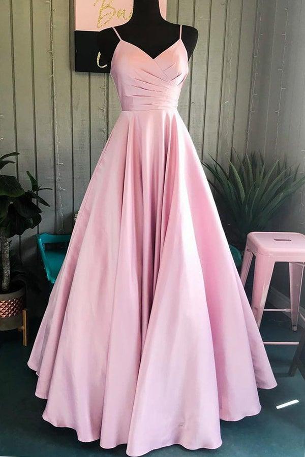 Vestidos de baile em cetim com decote em V e alças finas cor-de-rosa PSK282