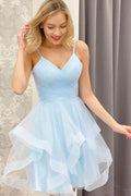 Robe de bal courte bleue à col en V en tulle A-Line PD457