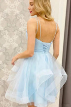 A Line V Neck Short Blue Prom Dresses Tulle Homecoming Dresses PD457