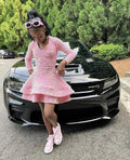 Vestido de Fiesta de Grado 8 con Lentejuelas Rosadas, Mangas Largas y Niveles Y498