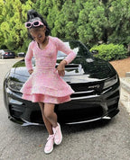 Vestido de Fiesta de Grado 8 con Lentejuelas Rosadas, Mangas Largas y Niveles Y498