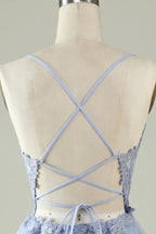Robe courte pour bal de fin d'études violet clair à bretelles spaghetti ligne A avec applications Y2671