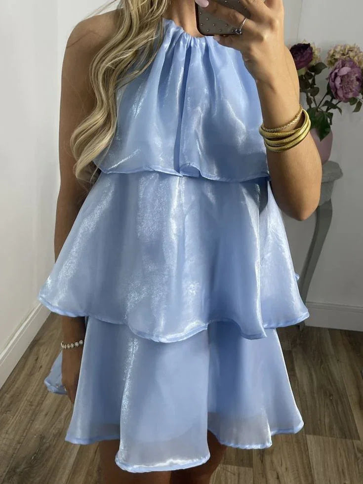 Einfaches blaues Organza-Trägerkleid mit mehrlagigem Minirock für den Abschlussball oder Homecoming Y8089