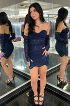 Vestido de Baile Sweetheart Azul Marinho de Rendas com Corpete Justo Y2579