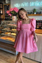 Vestido de Fiesta con Cuello Cuadrado y Manga de Farol en Rosa, Línea A, para Baile de Bienvenida Y7174