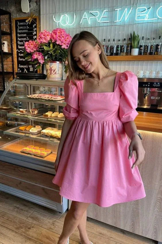 Vestido de Fiesta con Cuello Cuadrado y Manga de Farol en Rosa, Línea A, para Baile de Bienvenida Y7174