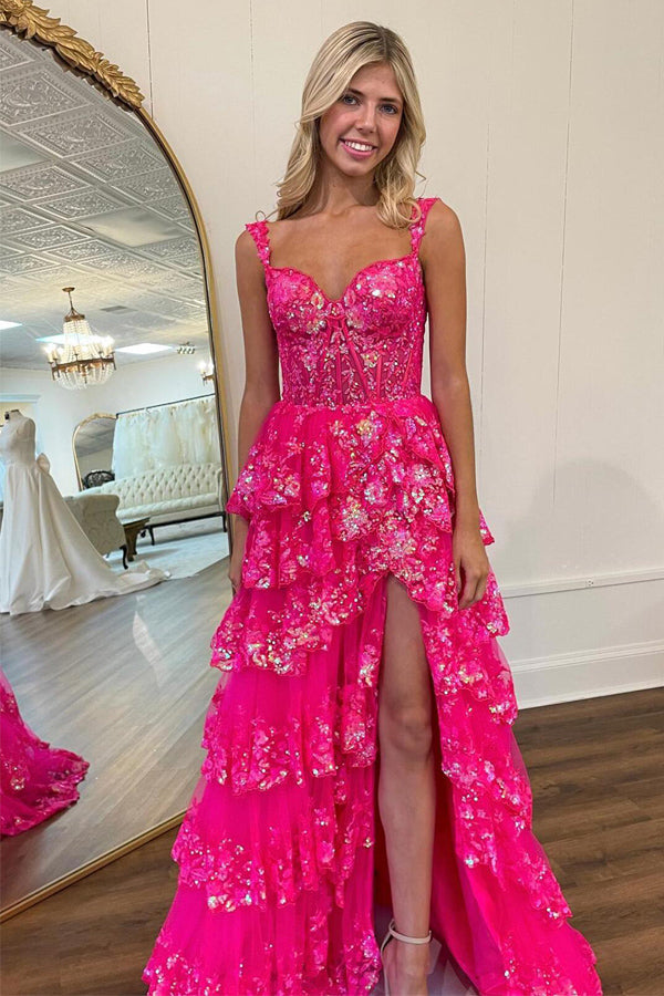 Vestido de festa deslumbrante com renda e racha PSK456