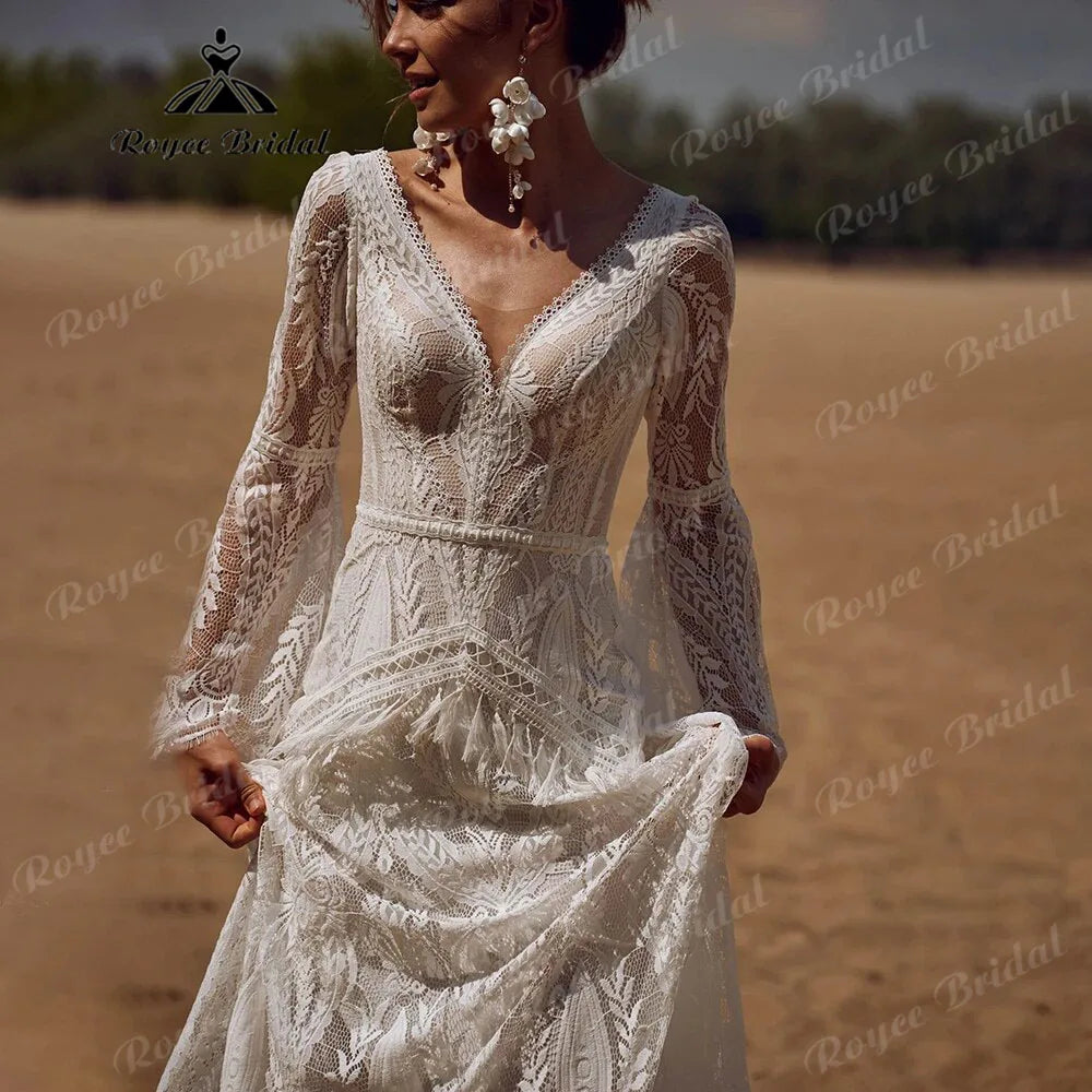 robe mariee boheme Lace Long Sleeve Mermaid Wedding Dress 2025 Boho Customized Bridal Gown for Women vestidos de novia sirena